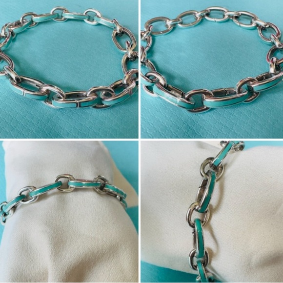 Tiffany & Co. Sterling Silver Blue Enamel Clasping Oval Link Charm Bracelet 7.5” - Picture 1 of 9